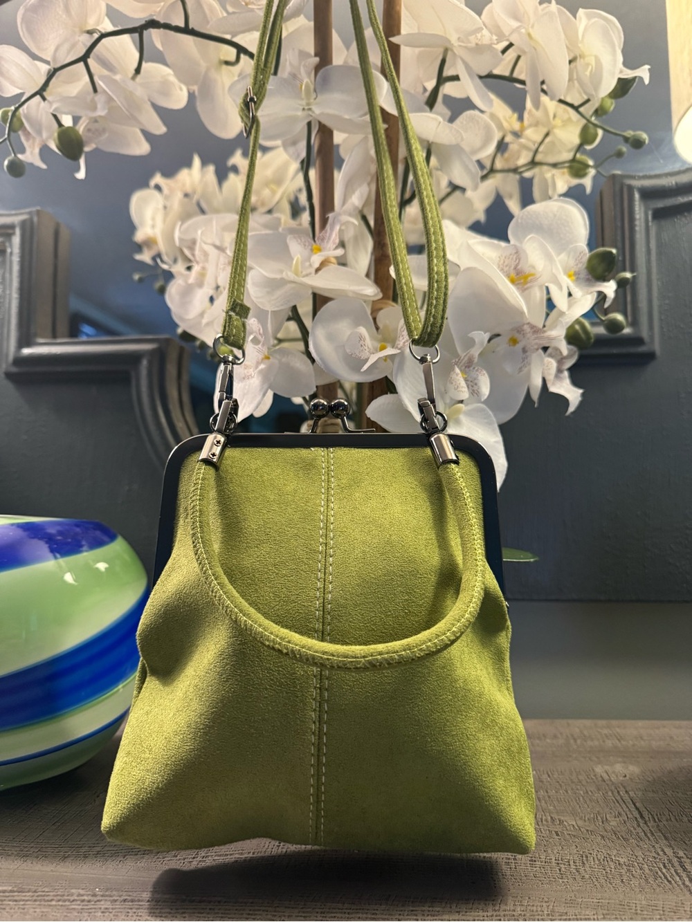 Olive Green Suede KISS LOCK Satchel